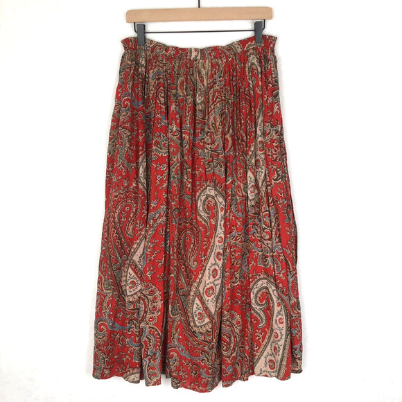 VTG LA CERA Midi‎ Broomstick Skirt Sz M/L Red Paisley 100% Cotton Lined Boho - Picture 1 of 10